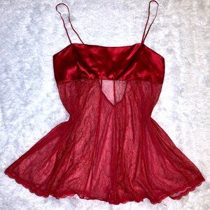 Y2K Victoria Secret 100% SILK Milkmaid Babydoll SLIP DRESS Large Red Mesh Lace